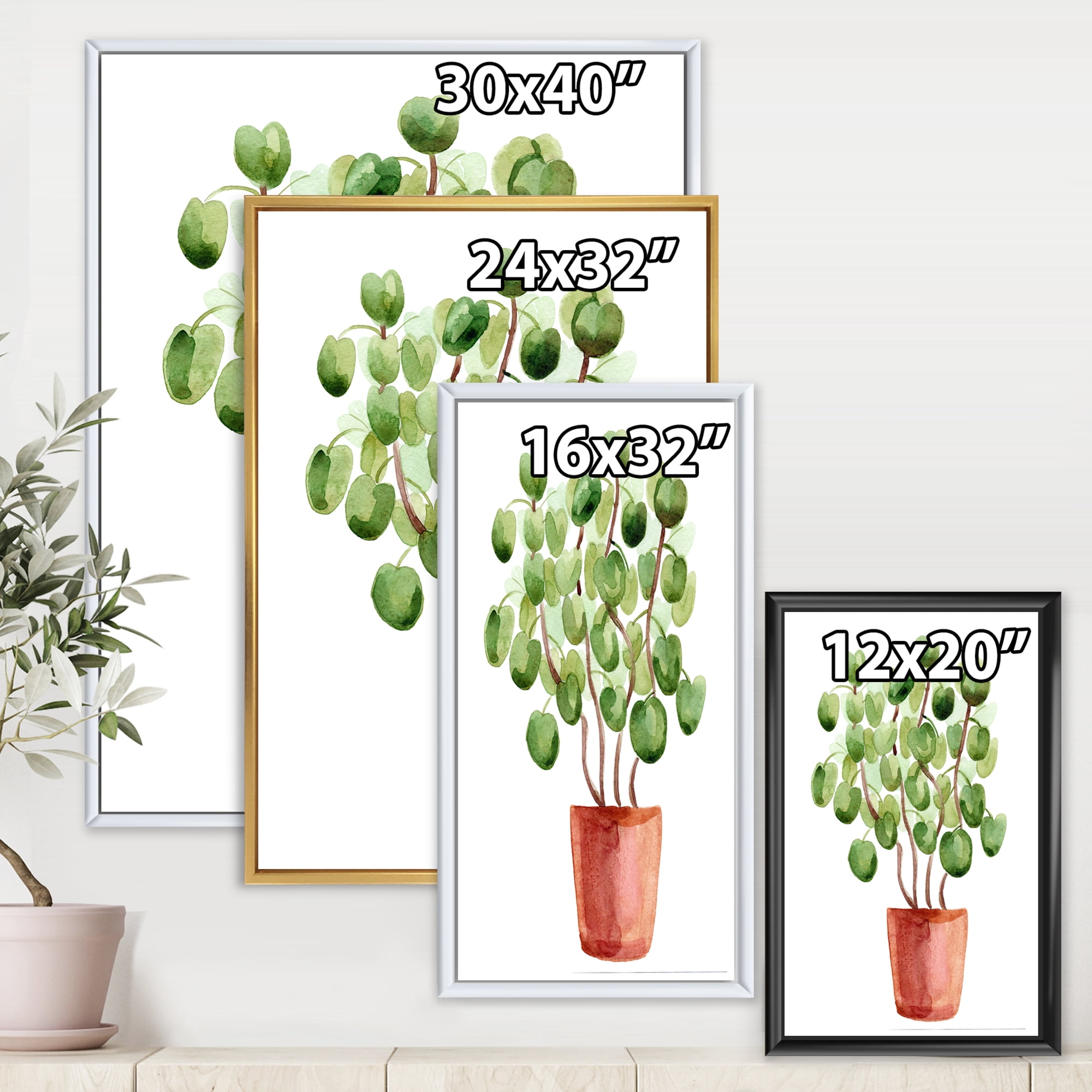Designart 'Abstract Chinese Money Plant In Pot' Traditional Framed Canvas Wall Art Print