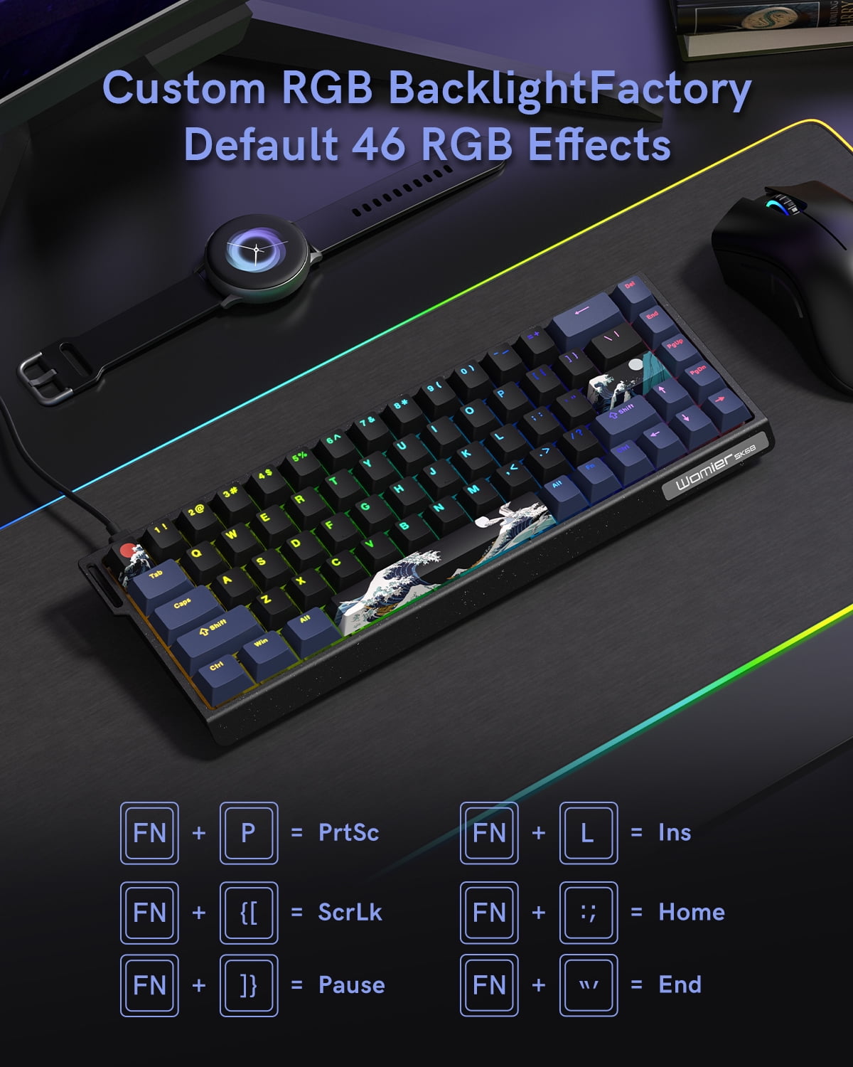 SK68 65% Gaming Keyboard, Wired Backlit Mini Keyboard w/100% Hot-Swap Socket 68 Keys Aluminum Gaming Wired Keyboard for PC Laptop Game