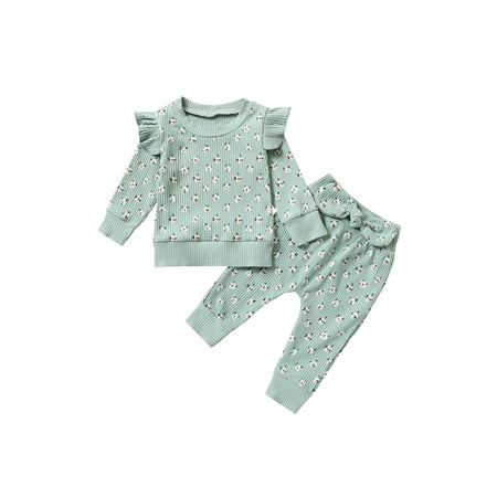 

Franhais 2Pcs Children Autumn Tracksuit Floral Ruffled Long Sleeves Pullover + Bowknot Pants for Girls 6 Months to 4 Years