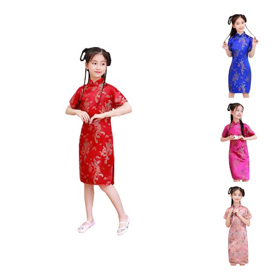 TBWNWG Girls Dress for Girls Qipao Outfit with Floral Short Sleeve Cheongsam Party Dress for Birthday Baby Girls Fashionable Partywear