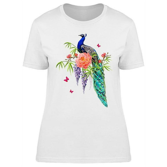 Peacock With Pretty Flowers T-Shirt Women -Image by Shutterstock, Female x-Large