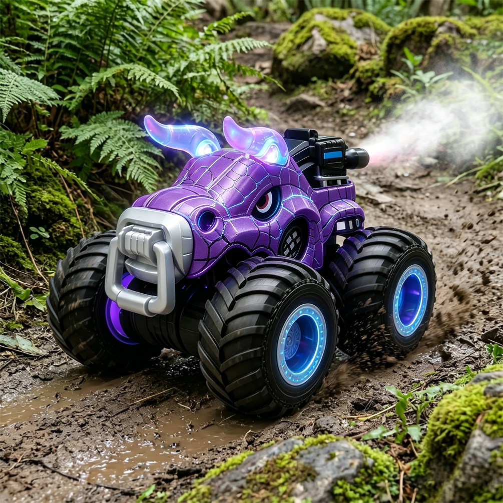 HNH 1:18 RC Monster Trucks Remote Control Car for Kids, 360°Rotating All Terrain RC Stunt Car with Light & Music, Cow-Purple