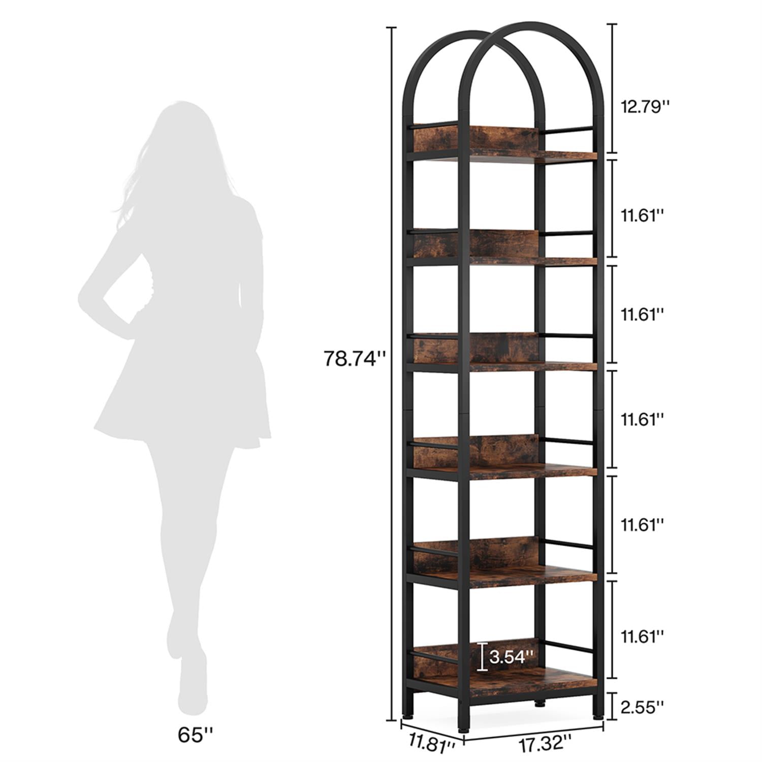 Demi Bonn 6 Tier Narrow Bookshelf, Wood and Metal Bookcase Storage Organizer, Arched Display Standing Shelf Unit for Bedroom, Living Room, Brown