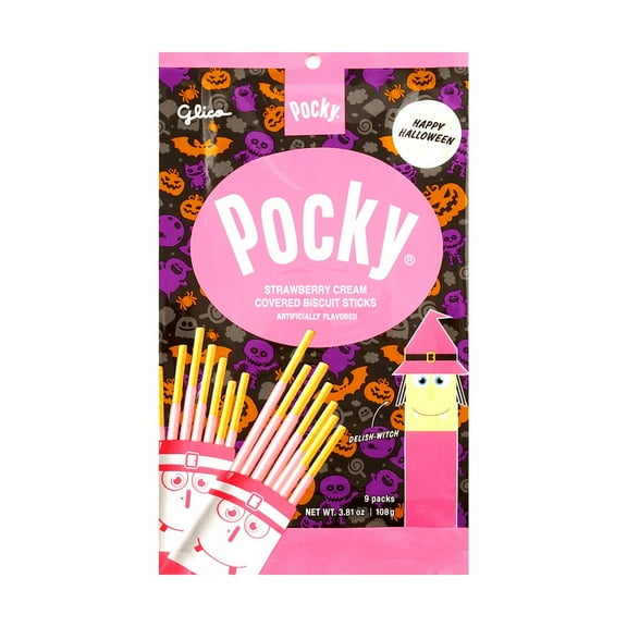 Glico Halloween Pocky Strawberry Cream Covered Baked Biscuit Sticks 9 Packs 108g, Contains Wheat, Milk and Soy