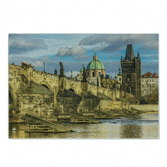 Landscape Cutting Board, Prague Charles Bridge Castle European Famous Touristic Place Landmark Cityscape, Decorative Tempered Glass Cutting and Serving Board, Small Size, Multicolor, by Ambesonne