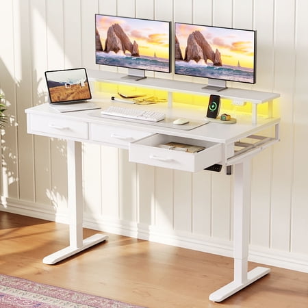 Casacomoda 48“ Electric Standing Desk with Power Outlets and LED Lights, Adjustable Height Sit Stand Desk with Monitor Shelf & 3 Fabric Drawers for Home Office, White