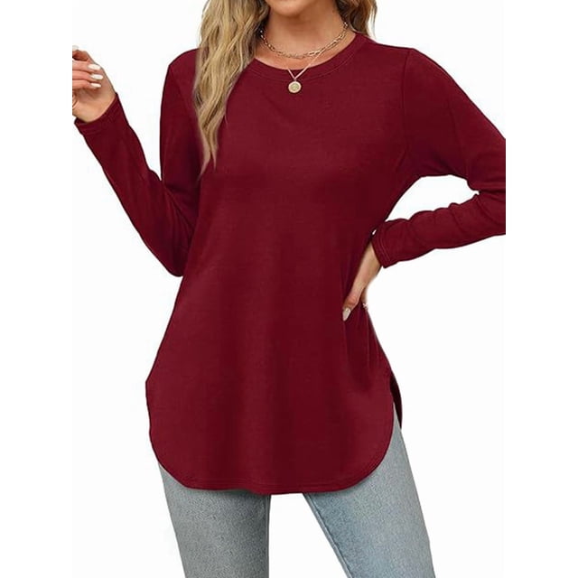 Camisa de Larga con Cuello Redondo para Mujer, Básica, Holgada, Informal Vino Tinto XXL
