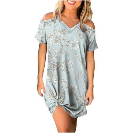 

YanHoo Women s Summer Dresses Cold Shoulder Short Sleeve V Neck Mini Dress Loose Casual Floral Print Sundress