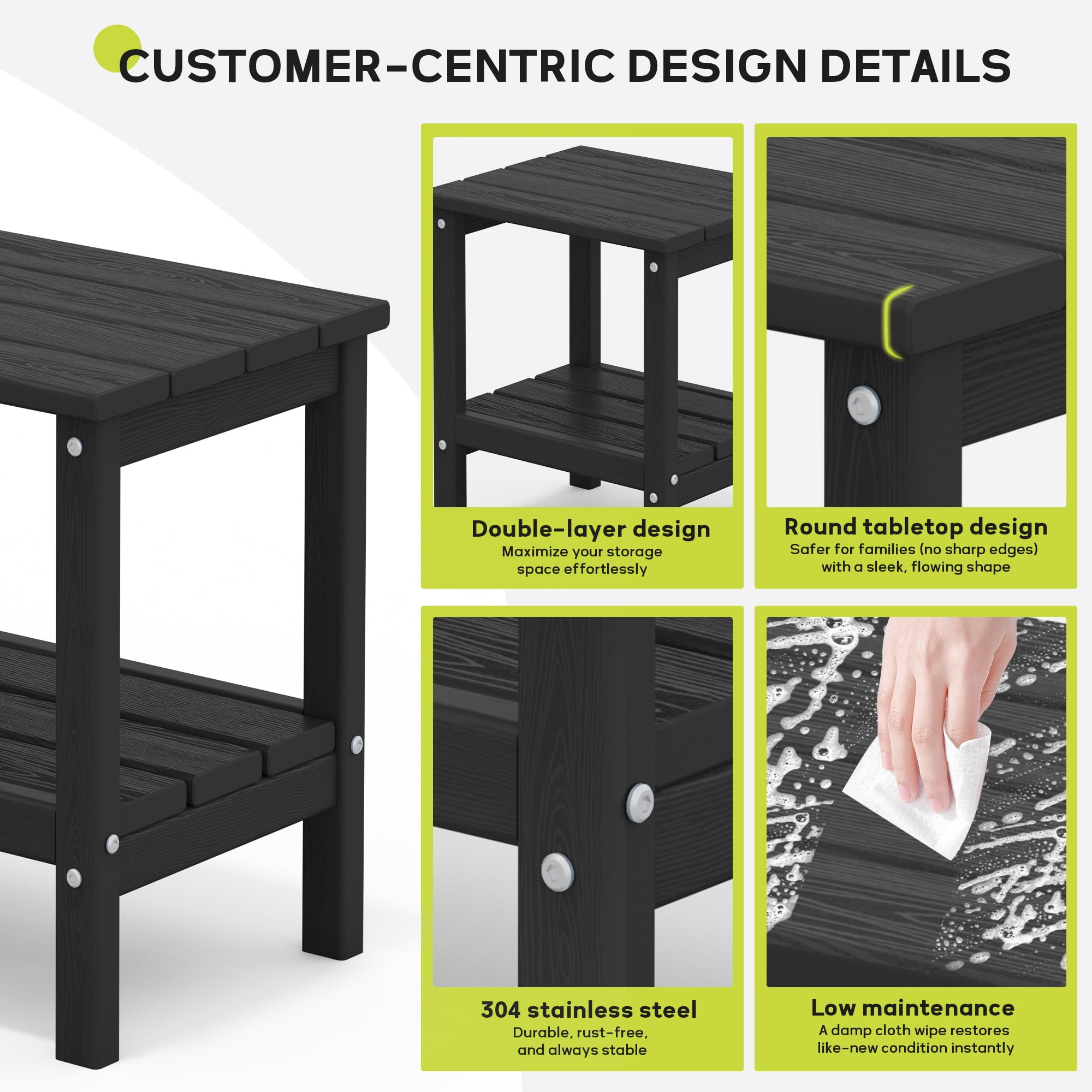 FUNDAZE HDPE 2-Layer End Table for Living Room, Outdoor Side Table, Patio Small End Table, Black