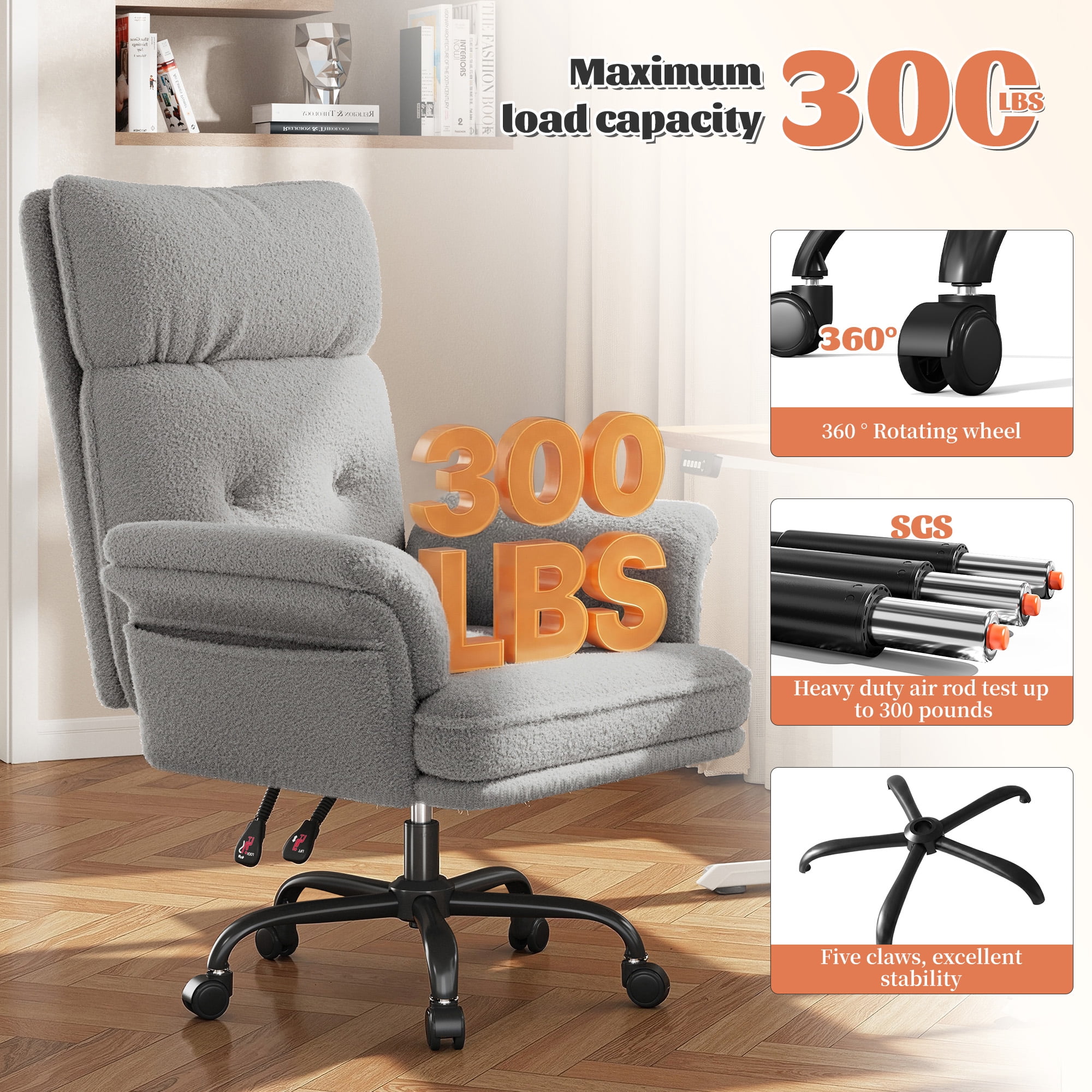Romorgniz Criss Cross Chair with Armrests & Wheels Ergonomic Computer Gaming Chair with Two Side Pockets Teddy Plush Wide Seat Reclining Desk Chair for Home Office, Gray