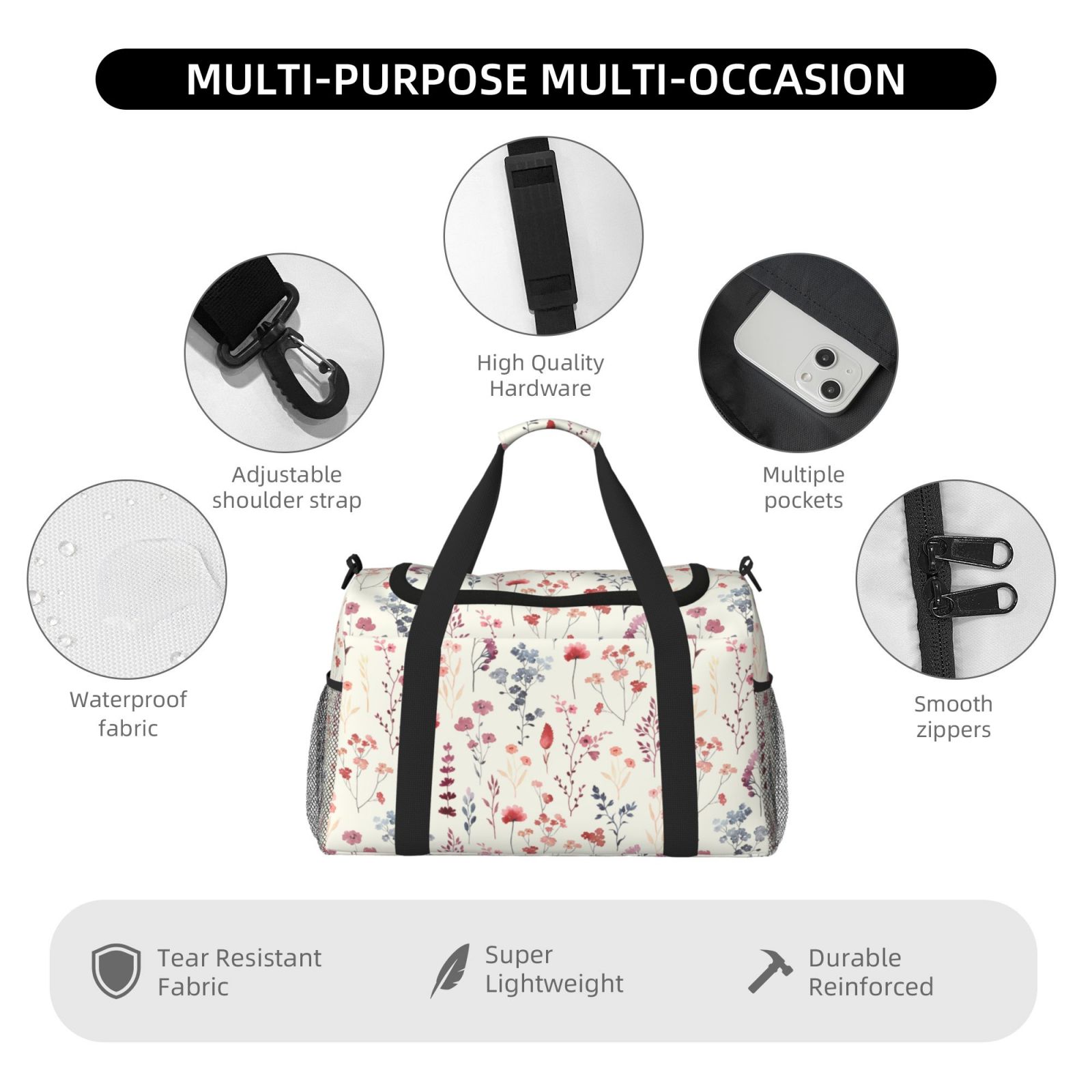 Fuzoiu Wildflower Watercolor 3 Print Travel Duffle Bag,Carry On Tote Bags,Duffel Bag,Sport Gym Bag, Hospital Bag for Labor and Delivery, Overnight Bag,Luggage Bag