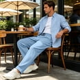 thumbnail image 4 of GrmtClth Casual Pants for Men Drawstring Elastic Waist Lightweight Linen Pants Loose Fit Straight Legs Beach Trousers with Pockets Light Blue S, 4 of 7