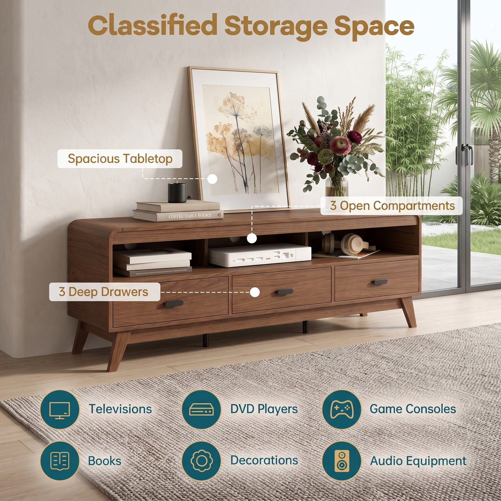 Furnibear Mid Century Modern TV Stand for TVs up to 70 Inch, Wood Entertainment Center Media Console with 3 Storage Drawers and Open Shelves for Living Room, Walnut