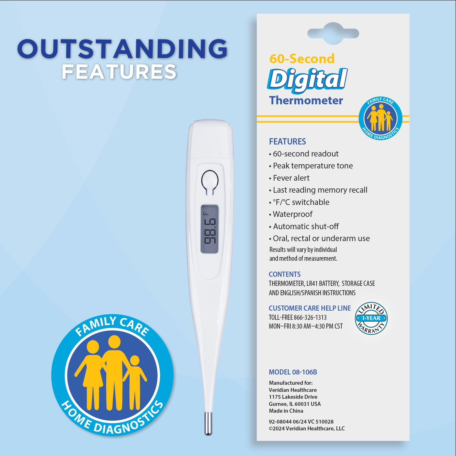 Veridian 60-Second Digital Thermometer | Fever Alert | Clinical Rigid Tip | Case & Probe Covers