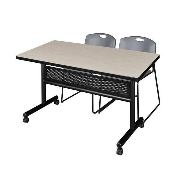 48" x 30" Flip Top Mobile Training Table w/ Divider- Maple & 2 Stack Chairs
