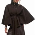 thumbnail image 1 of Ponchos con Mangas de Murciélago para Mujer, Abrigo de Lana con Cuello Alto y Cinturón, Chaqueta Corta de Invierno Café M, 1 of 8