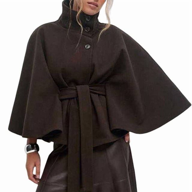 Ponchos con Mangas de Murciélago para Mujer, Abrigo de Lana con Cuello Alto y Cinturón, Chaqueta Corta de Invierno Café M