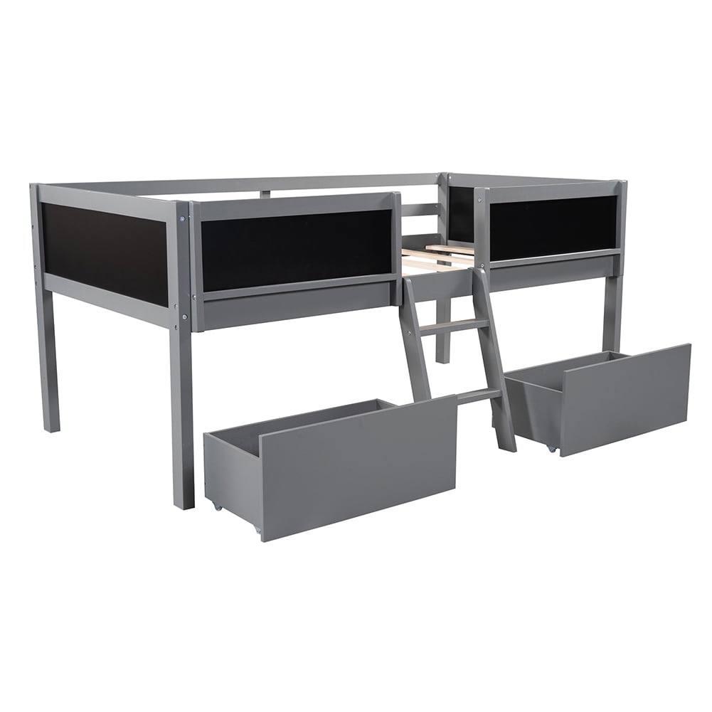 Kadyn Twin Size Low Loft Bed with Two Drawers,with Decorative Guardrail Chalkboard,Gray
