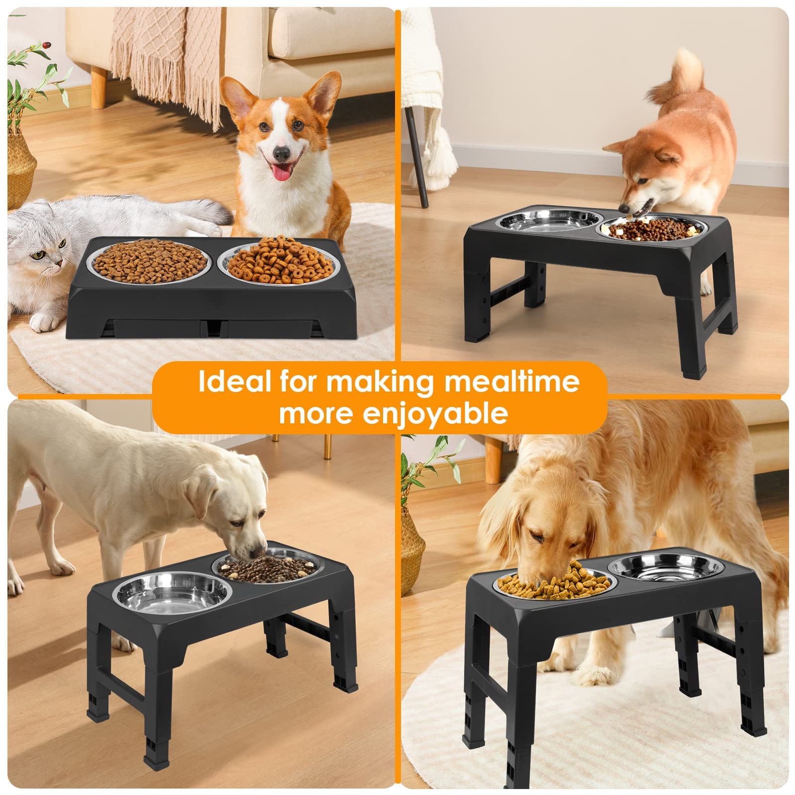 Emlimny 4 Height Adjustable Dog Bowl with 2 Stainless Steel Dog Bowls Non-Slip Dog Bowl Stand Adjusts to 3.2”, 8.7”, 10.2”, 11.8” for Small Medium Large Dogs