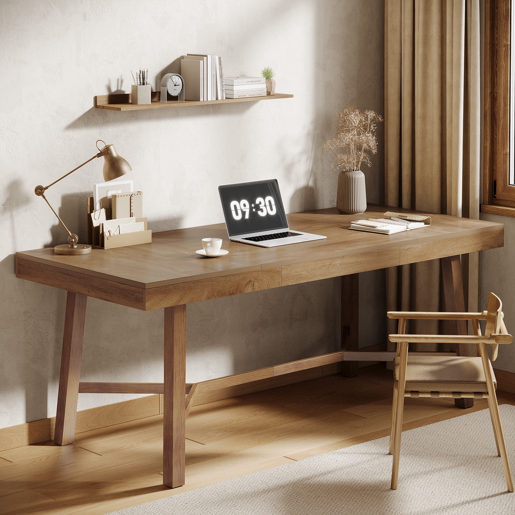 Finmind 71-inch Executive Desk, Farmhouse Large Office Computer Desk with Sturdy Frame, for Home Office, Light Brown