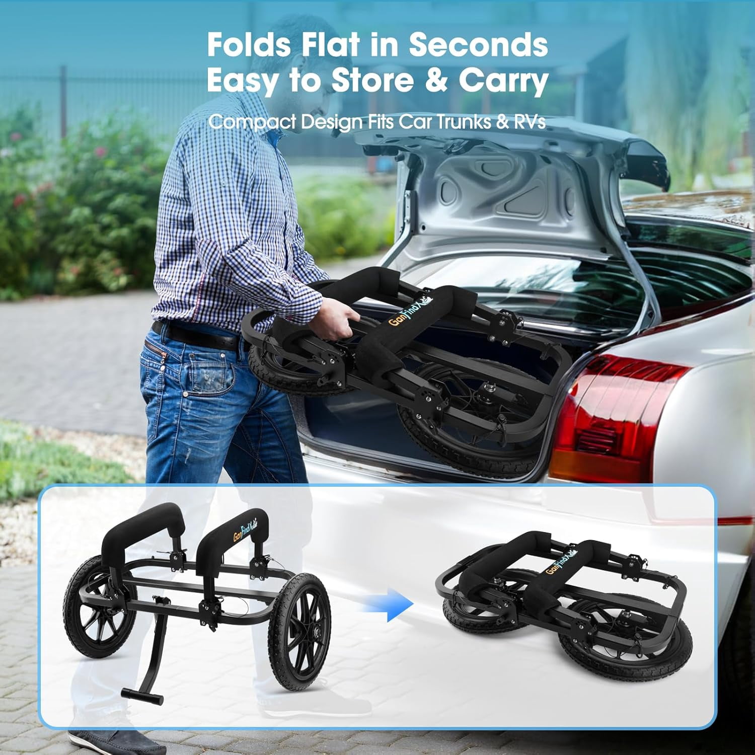 GanFindX Heavy Duty Kayak Cart Canoe Trolley with Solid Foam Wheels, Foldable Kayak Carrier Dolly with Upright Crossbar & Tie Down Straps for Kayak, Canoe, Paddle Board Transport