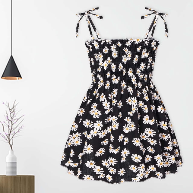 LSLJS Robe d'Été à Bretelles pour Tout-Petits Filles, Robe Décontractée à Motif Floral, Robe de Fête pour Filles Sans Manches ( 12-18 Mois, Noir )