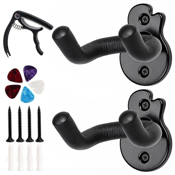 cyrico Guitar Wall Mount, 2 Pack Metal Guitar Hangers with Guitar Capo & Picks, Rotatable Soft U-Shaped Guitar Wall Holder for Acoustic, Electric Guitar, Bass & Banjo