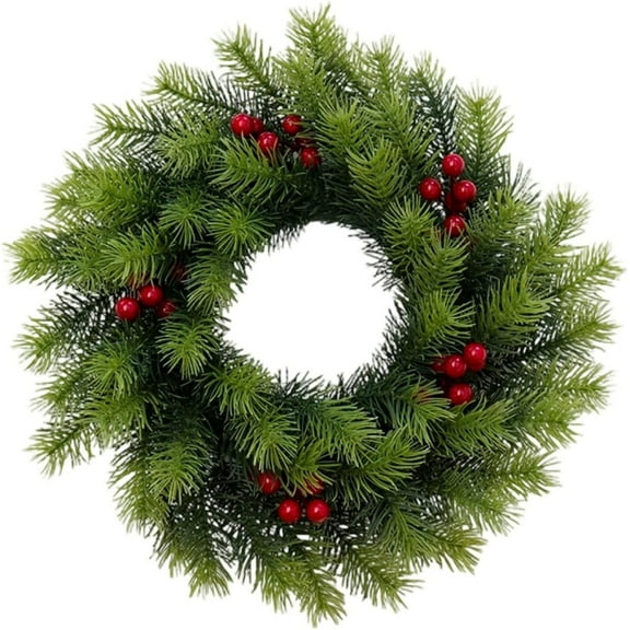 13 Inch Christmas Wreath for Front Door, Artificial Pine Wreath with Red Berries, Real Touch Pine Wreath for Home Table Wall Window Indoor Outdoor Farmhouse Christmas Decoration (Green)