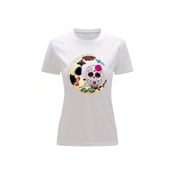 Playera Blusa De Luna Con Calaverita Alusiva A Dia De Muertos Halloween Color Blanco Talla Grande Marca Emil SaEs