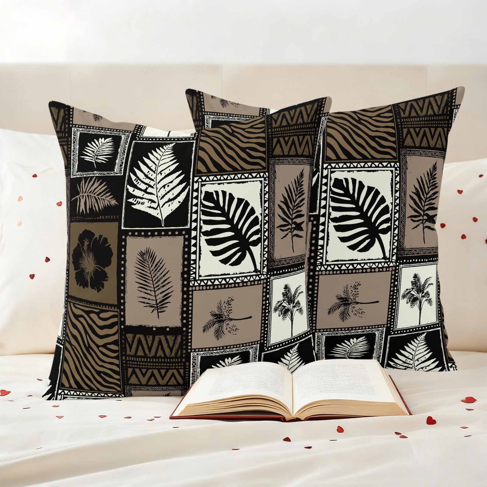 Tropical Summer Boho Outdoor Pillow Covers Set of 2 Monstera Fern Palm Leaf Hibiscus Brown Waterproof Throw Pillow Cover Decorative Cushion Cases for Patio Porch Garden 16X16 Inch