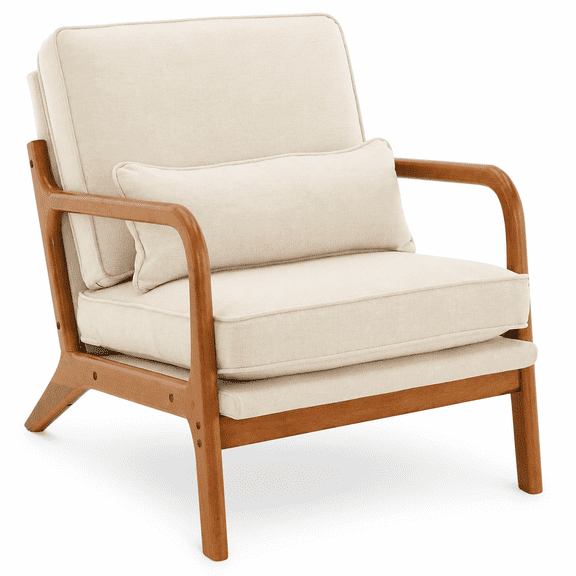 Mid-Century Modern Accent Chair with Pillow, Linen Upholstered Armchair with Rubberwood Frame, 330 lb Capacity, Beige Reading Chair for Living Room Bedroom Lounge