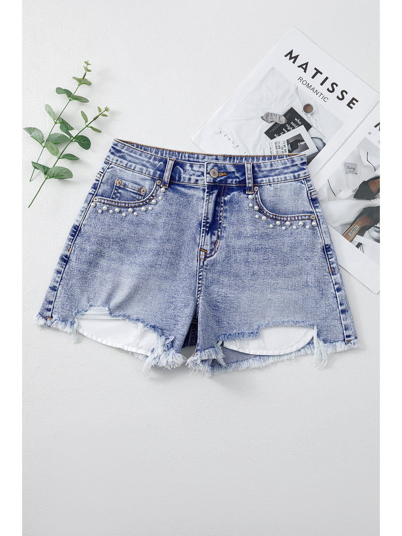Stylish High Waist Distressed Denim Shorts for Summer - Pearl