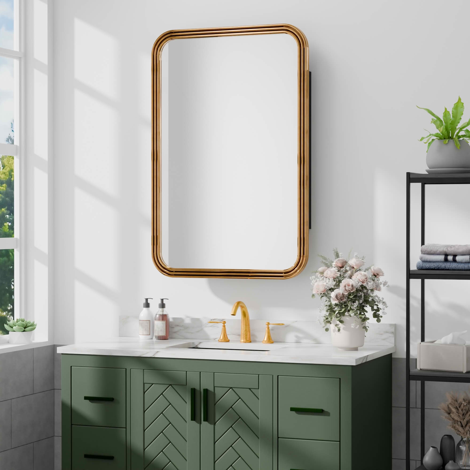 MAYEERTY 35x24x5 Inch Gold Metal 3-Ring Round Corner Rectangular Medicine Cabinet for Bathroom