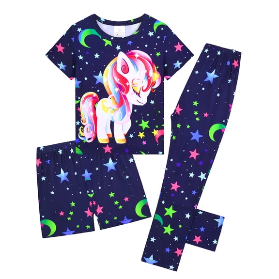 WIBACKER 3-12Y Girls Unicorn 3-piece Pajama Set Tee & Shorts & Pants PJ Kids Comfy Sleepwear Jammies Set Summer
