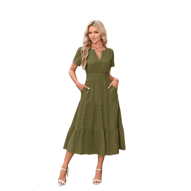 Vestido Verde XXL con Escote en V, Mangas Abullonadas y Pliegues