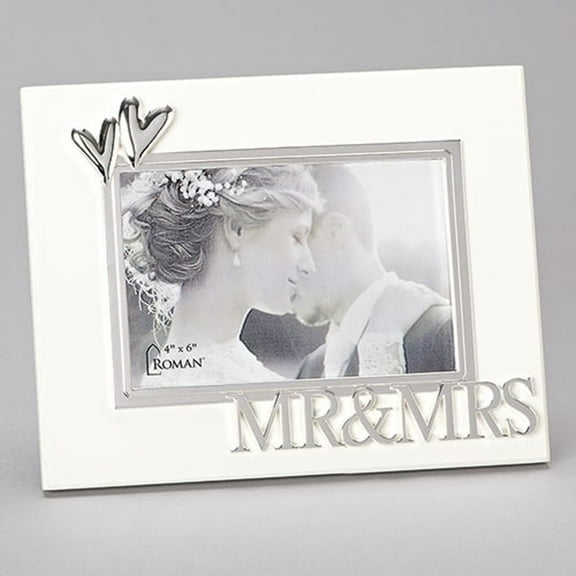 Mr & Mrs 2 Hearts Ivory With Silver Tone Accents 9 x 7 Wood Photo Frame