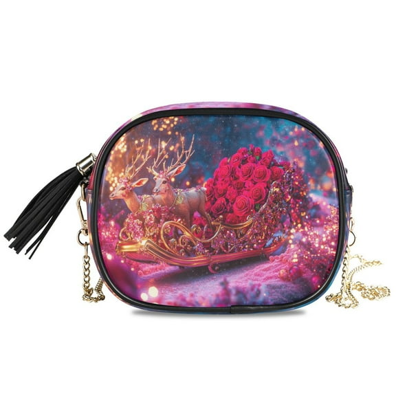 Womens Casual Chain Shoulder Bag Simple style Reindeer Pulling Rose Filled Sleigh Crossbody Bag