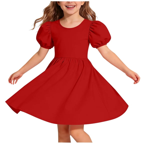 Edvintorg Girls Dresses Cute Puff Sleeve A Line Sundress Summer Crewneck Princess Sundress Size 5-15