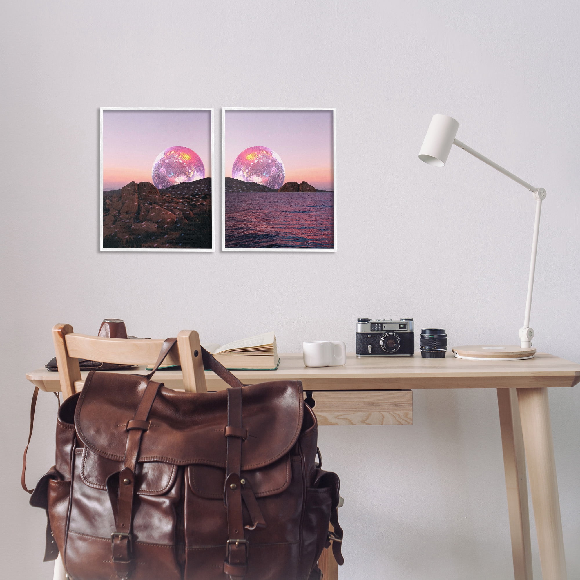 Stupell Industries Surreal Disco Ball Landscape Landscape Painting White Framed Art Print Wall Art, 11 x 14, Set of 2