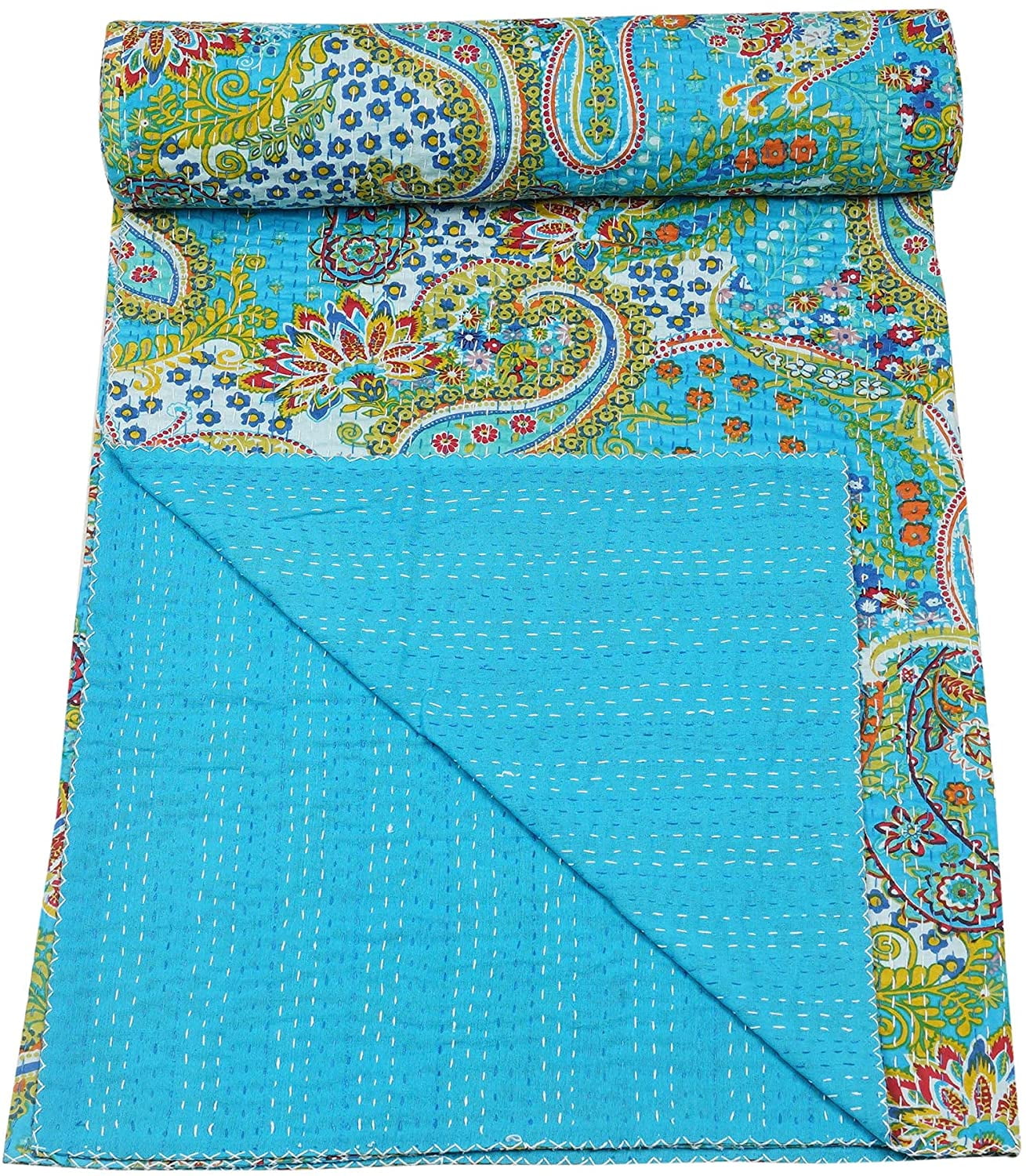 Vintage Handmade Kantha Quilt Indian Traditional Bed Cover Throw Paisley Printed Kantha Quilts (Turquies Color,King (90x108 Inch)