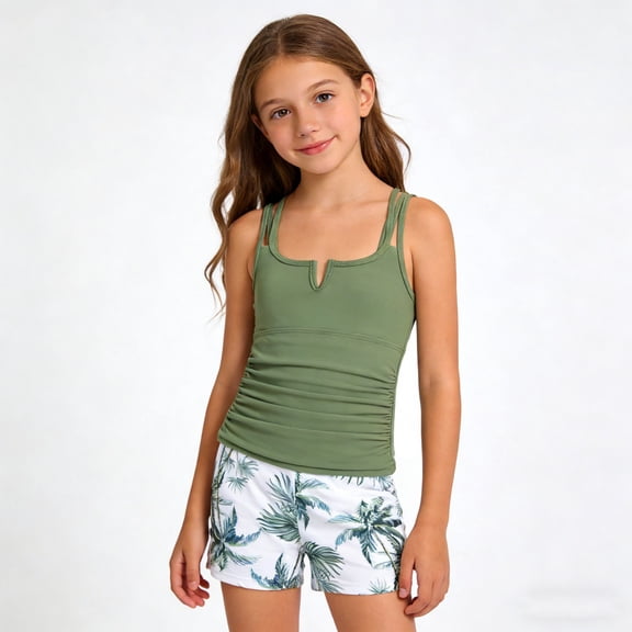 Girls Swimsuit Summer Swimwear 2 Piece Tankini Camisole with Floral Shorts Bottoms Cute Summer Swimming Outfit for Kids
