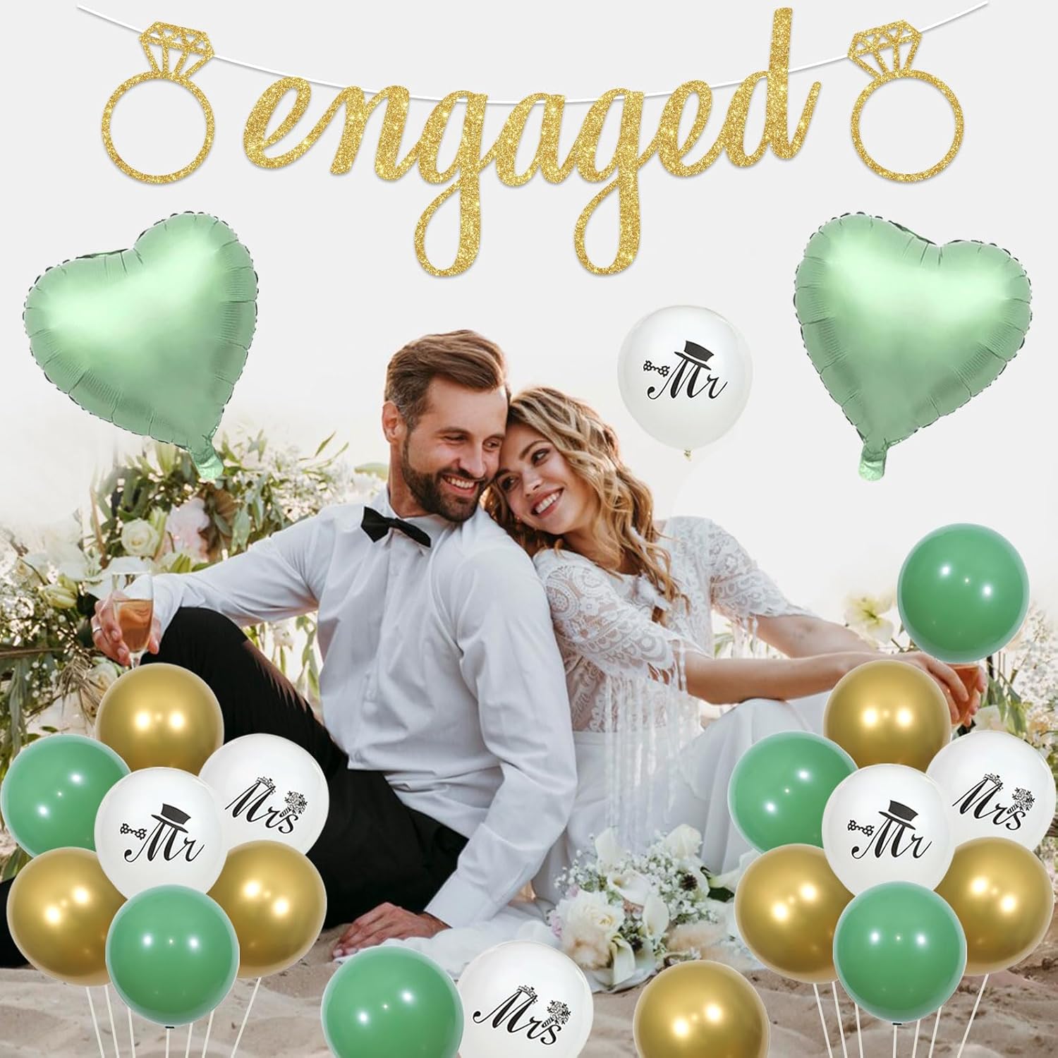 Funmemoir Verlobungsparty Deko Set | 'We Are Engaged' Banner & Dreiecksflaggen | Salbeigrün, Weiß & Gold Ballons | Inkl. Herz Folienballon