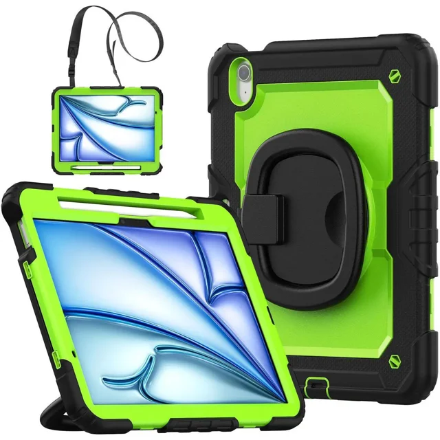 Case for iPad Air 11 inch M2 M3 2025 2024 6th 7th Generation, Shockproof Protective Cover with Screen Protector, Rotating Stand, Hand/Shoulder Strap, Pencil Holder