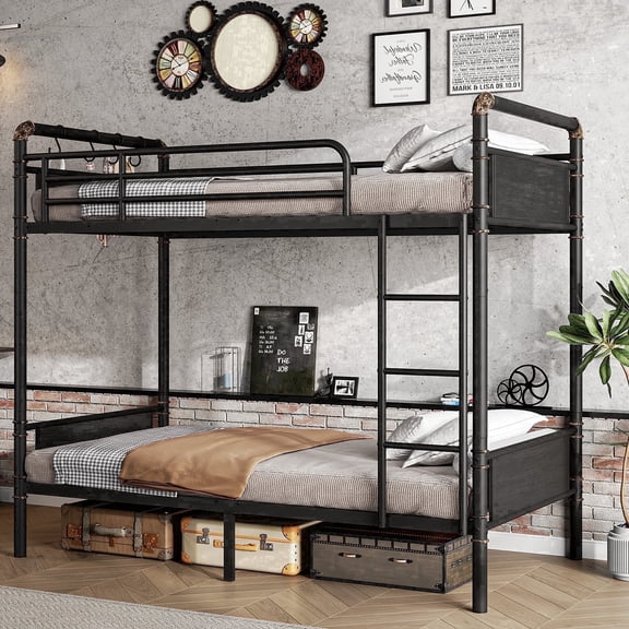 Hijob Metal Twin over Twin Bunk Bed with Storage Bag, 2 Convertible Twin Beds Loft bed, Black Brown