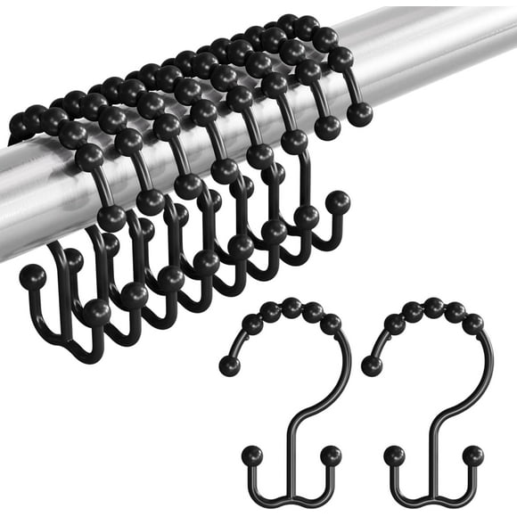 shiyou-Shower Curtain Rings, Rust-Resistant Metal Double Shower Hooks for Curtain Rolling Shower Curtain Hooks Rings Shower Rings for Bathroom Shower Curtain Rod, Matte Black, Set of 12 Rings