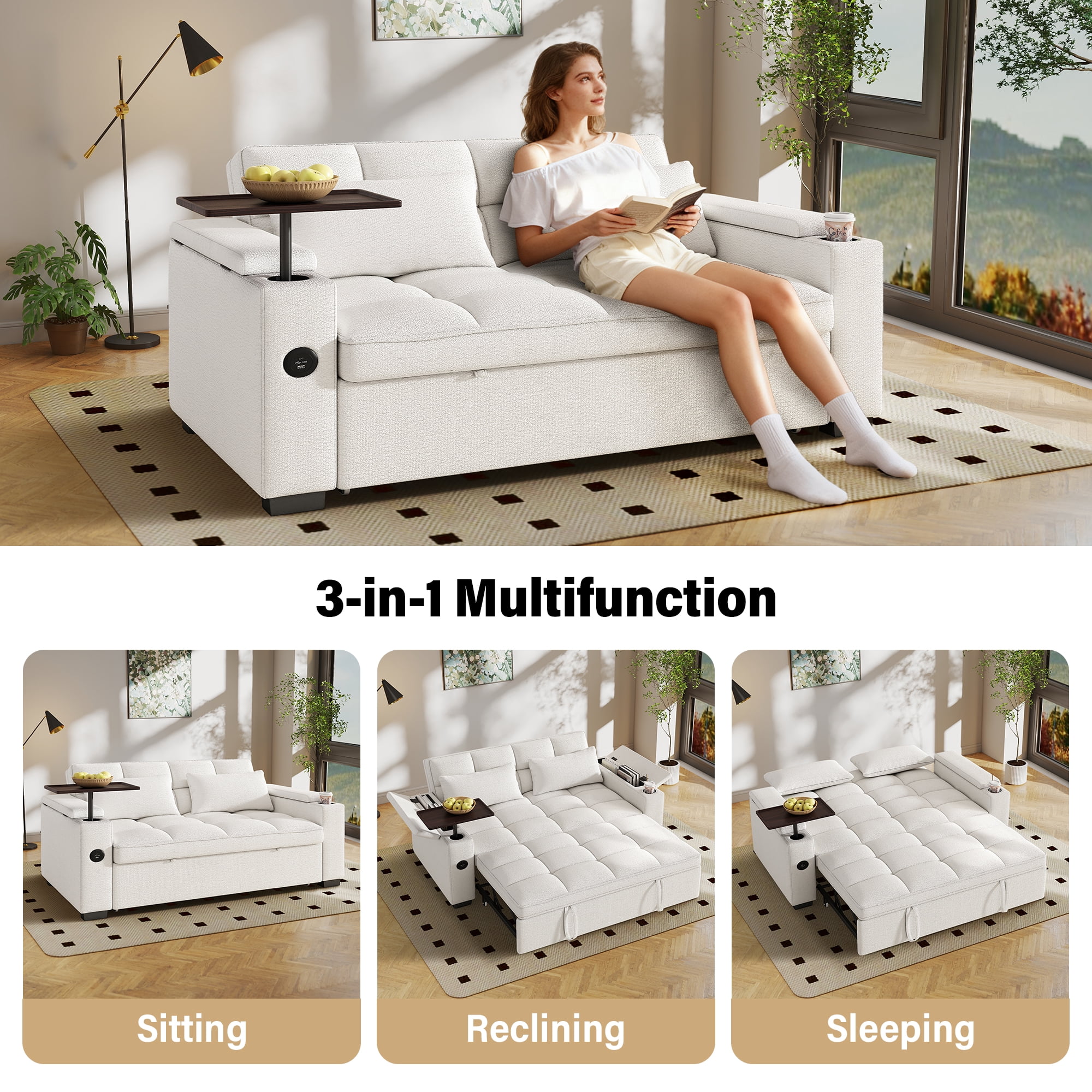 Aukfa 65"W Convertible 3-in-1 Sofa Bed with Storage, Queen Chenille Sleeper Couch with USB/Type-C Ports & Rotating Side Table,Beige