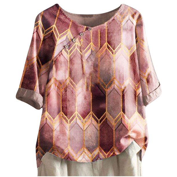 Blusa informal de manga corta con cuello redondo para mujer con estampado de botones y camisetas sueltas Pompotops hfajkhk128825