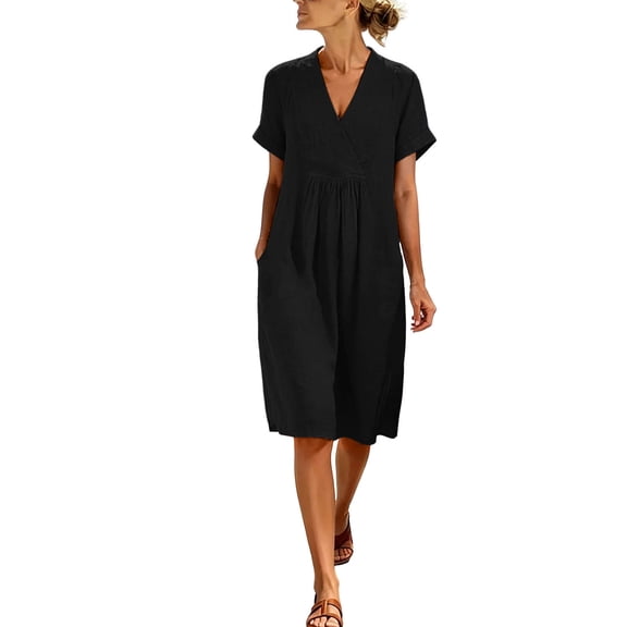 Ruimatai Women's V-Neck Short Sleeve Loose Fit Casual Midi Dresses for Women Summer Everyday & Beach Vacation Wear