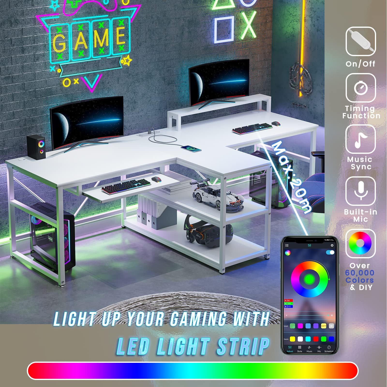 94.5 Office Computer Desk 2 Person Gaming Desk with Storage LED Lights Keyboard Tray Power Strip with USB Monitor Stand Black Walmart