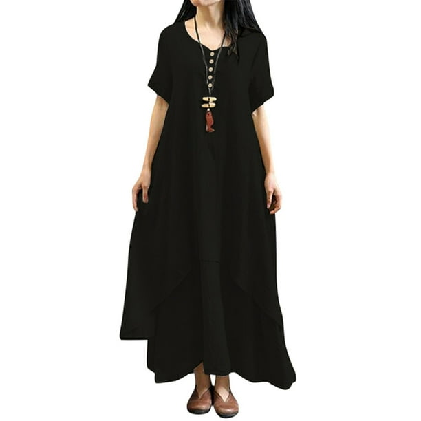 Nueva moda mujer vestido flojo ocasional del color sólido de manga corta boho summer maxi vestido la Tomshoo Negro 4X-Grande